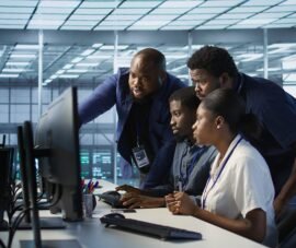 Coworkers in data center doing brainstorming, implementing AI predictive maintenance systems. Server hub colleagues discussing, using artificial intelligence to identify hardware failures, camera A