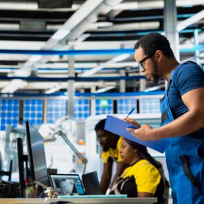 Supervisor testing solar power in renewable energy facility on clipboard, focusing on software troubleshooting and performance metrics. Eco friendly quality control on operations.